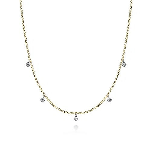 14K Yellow-White Gold Diamond Stations Droplet Necklace - GABRIEL BROS, INC