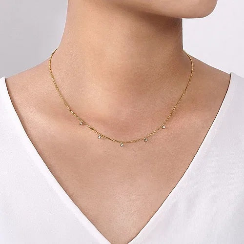 14K Yellow-White Gold Diamond Stations Droplet Necklace - GABRIEL BROS, INC