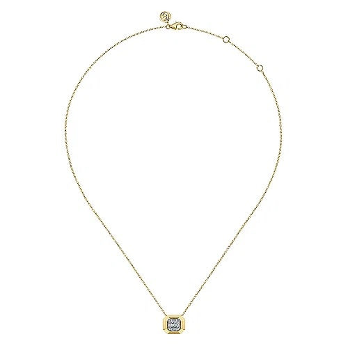 Yellow Gold Geometric Baguette and Round Diamond Pendant Necklace - GABRIEL BROS, INC