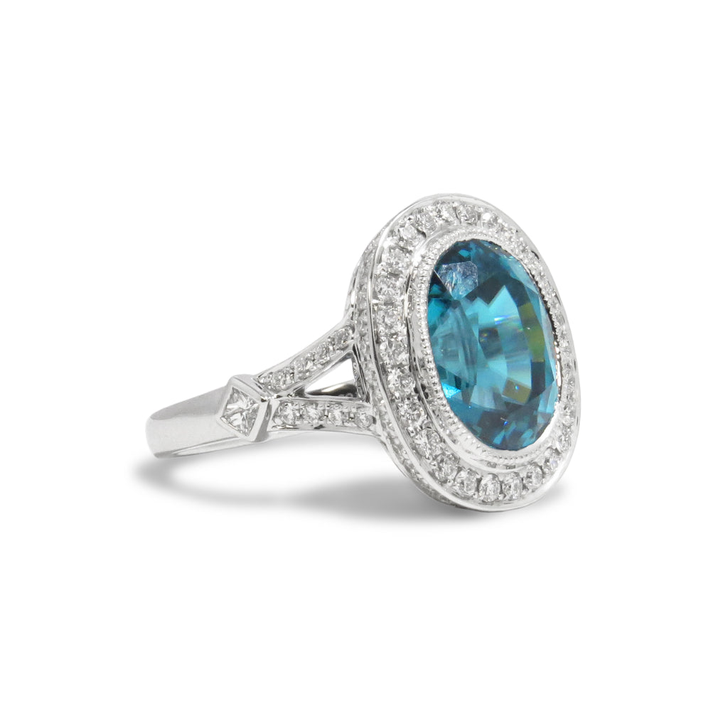 Blue Zircon and Diamond Ring - SPARK CREATIONS INC